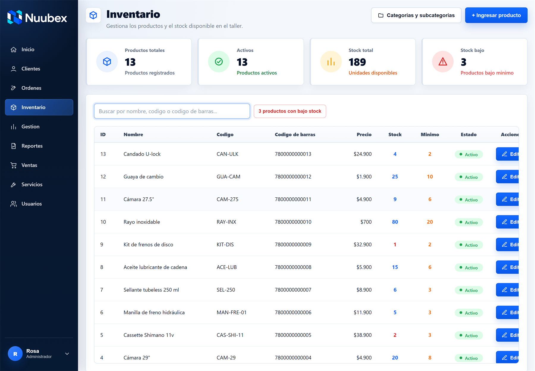 Pantalla de inventario con stock, mínimos y alerta de stock bajo