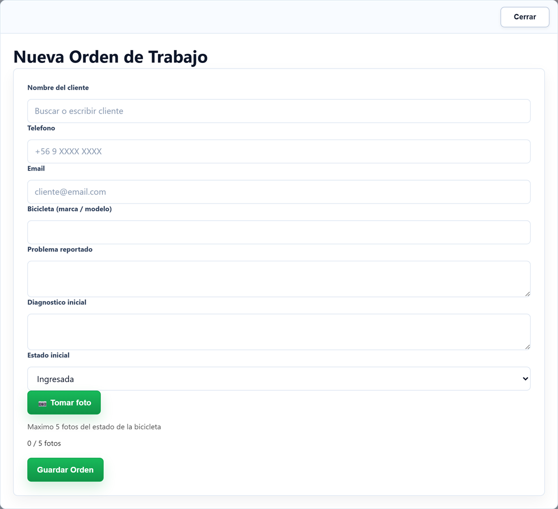 Formulario para crear una nueva orden de trabajo