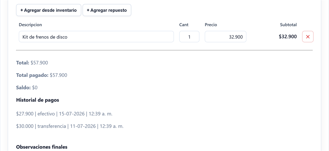 Presupuesto de una orden con servicios, repuestos y el historial de pagos